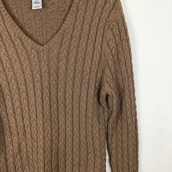 Talbots V-neck cable knit sweater in brown-L - Picture 4 of 8